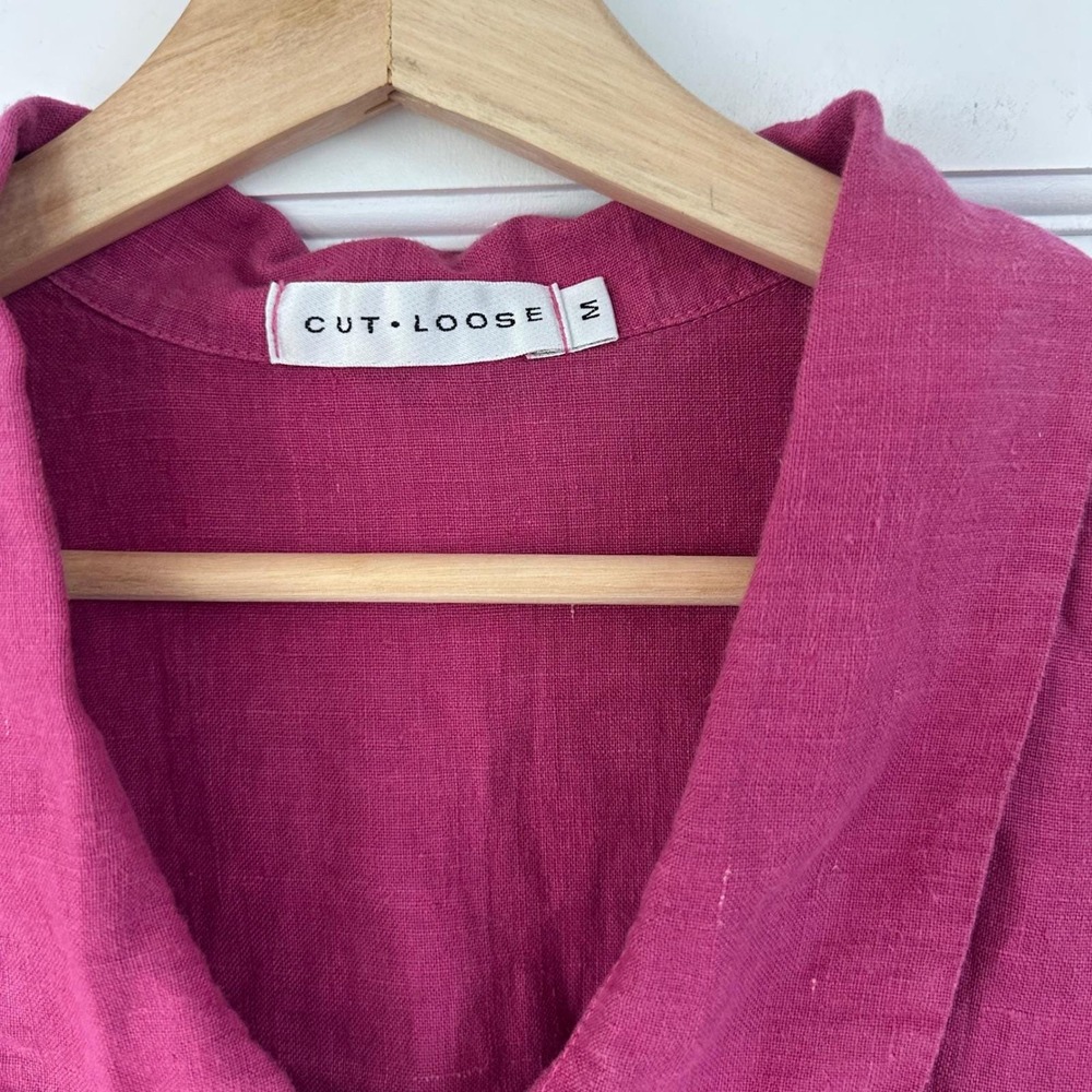 Vintage 90s Cut Loose Magenta Pink Linen Short Sleeve Button Down Shirt Medium - Picture 2 of 8